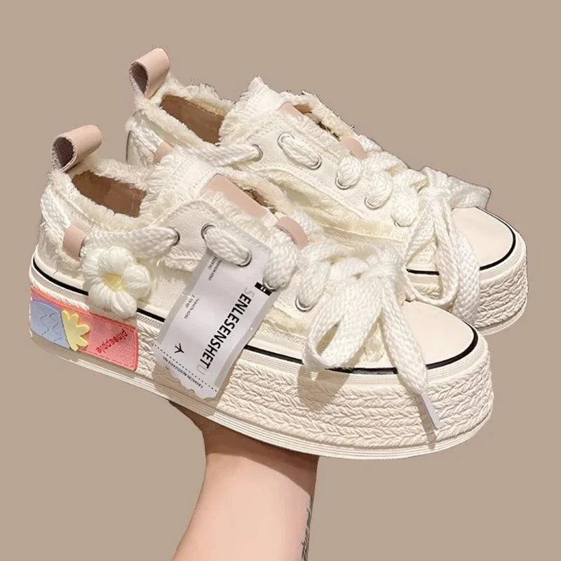 Damen Plateau Sneaker zum Schnüren Blumen Design für Teens