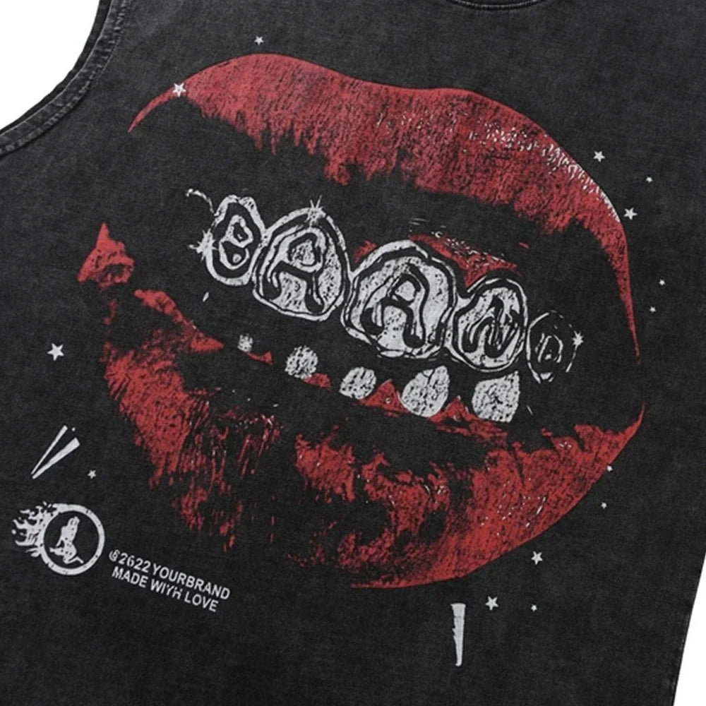 Oversized Graphic T Shirts - Lip Print Cotton Washed Loose Streetwear