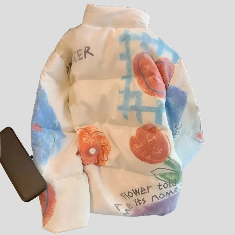 Chaqueta acolchada de invierno con flores pintadas a mano para adolescentes