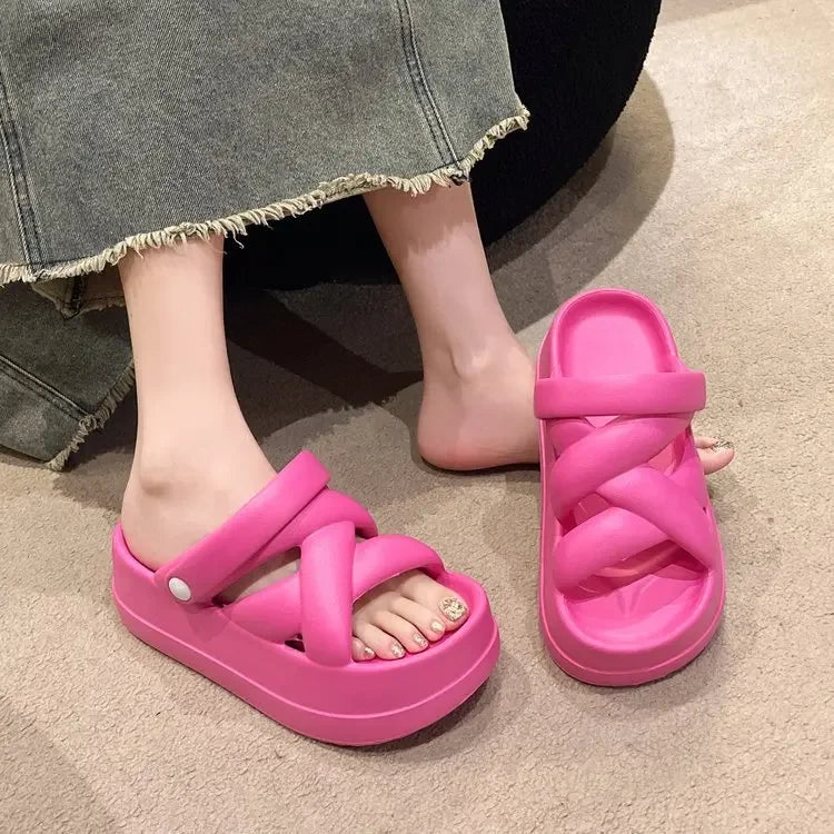 Slide Sandals Heightened with Crossover for Women