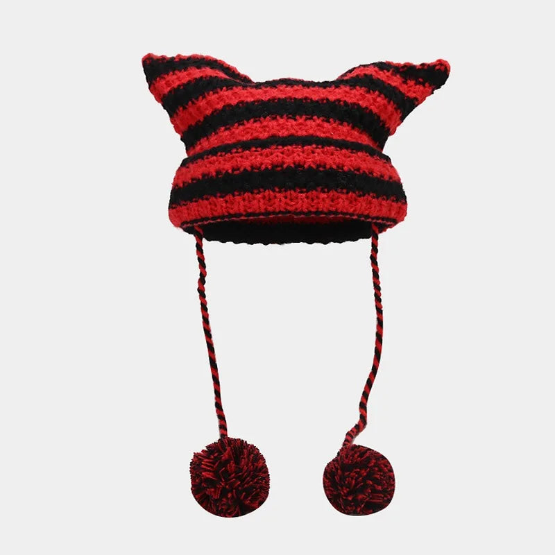 Gorro de punto a rayas, acogedor, con orejas de gato, esencial