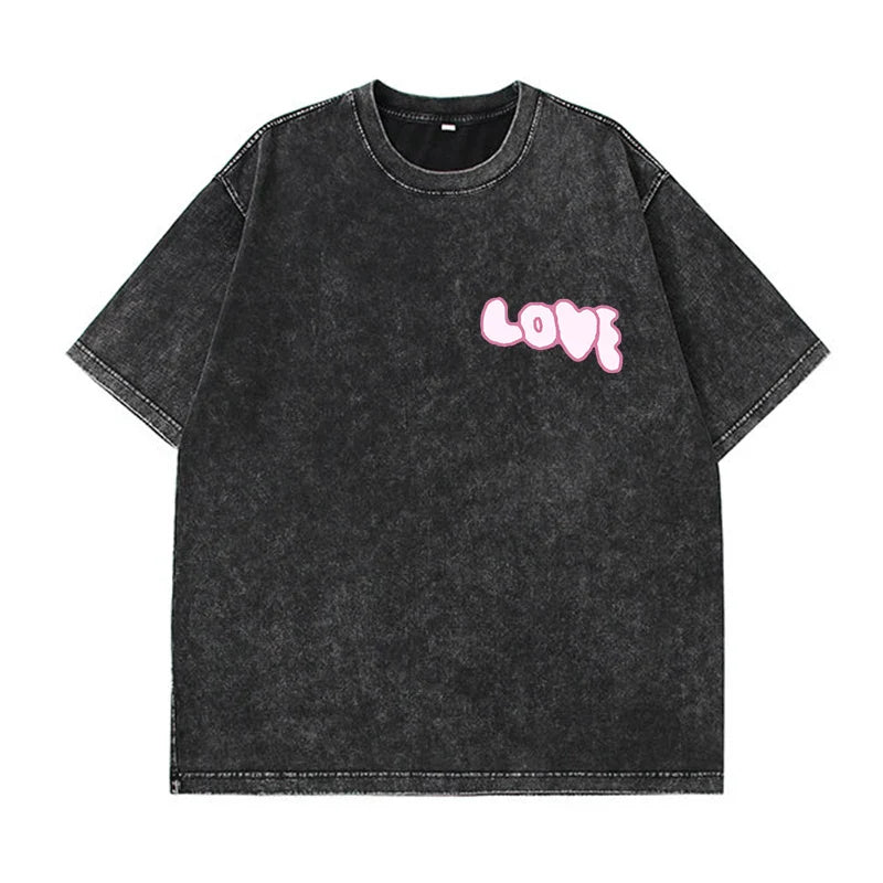 Camiseta holgada con estampado vintage y lavado ácido para mujer