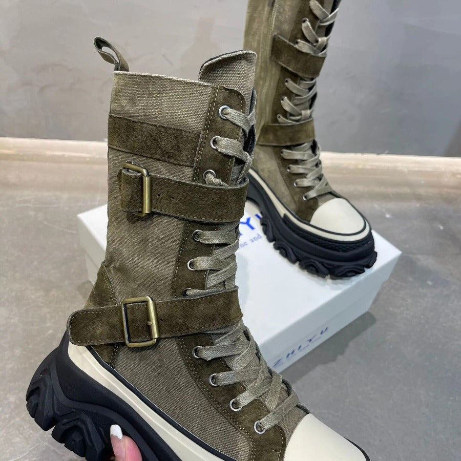 Botas de media pantorrilla de cuero estilo motociclista para mujer