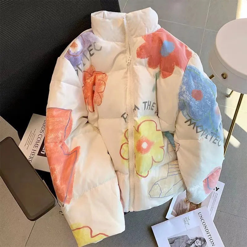 Teen Women's Winter Hand-Painted Flower Cozy Puffer Jacket