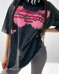 Camiseta holgada con estampado vintage y lavado ácido para mujer