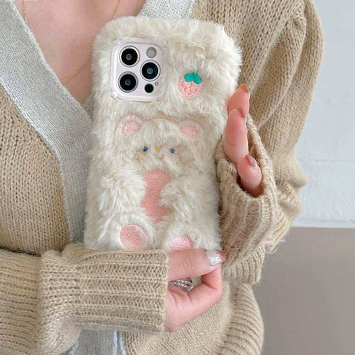 Funda mullida para iPhone con diseño de oso de fresa