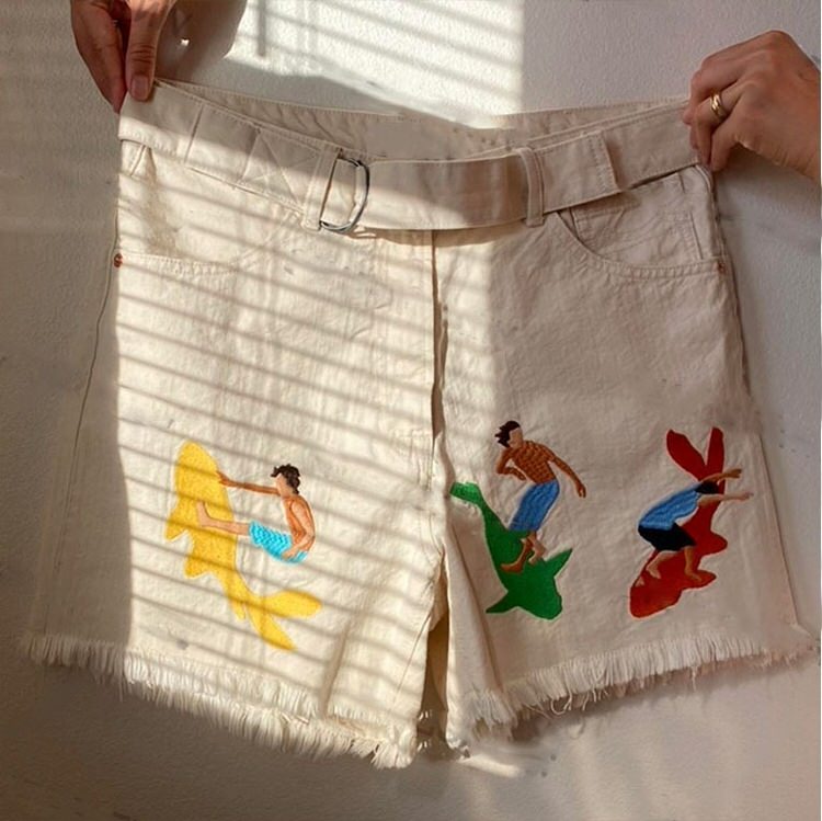 Surfing And Sharks Embroidery Shorts