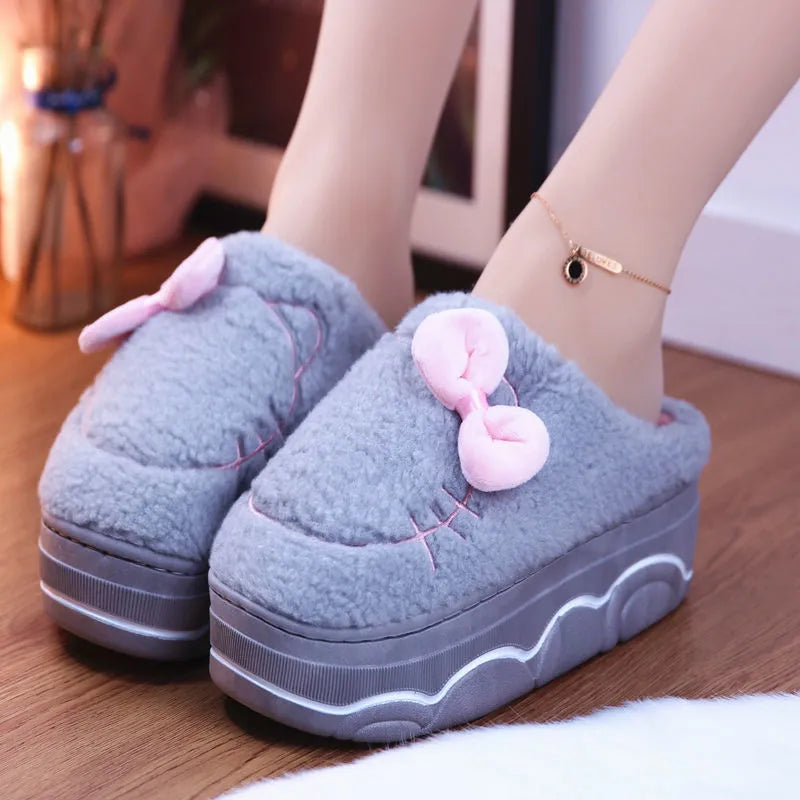 Pantuflas de invierno con plataforma de piel y lazo para mujer