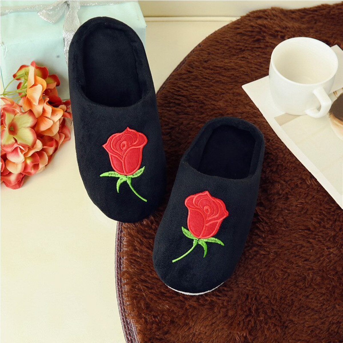 Plush Embroidered Home Slippers