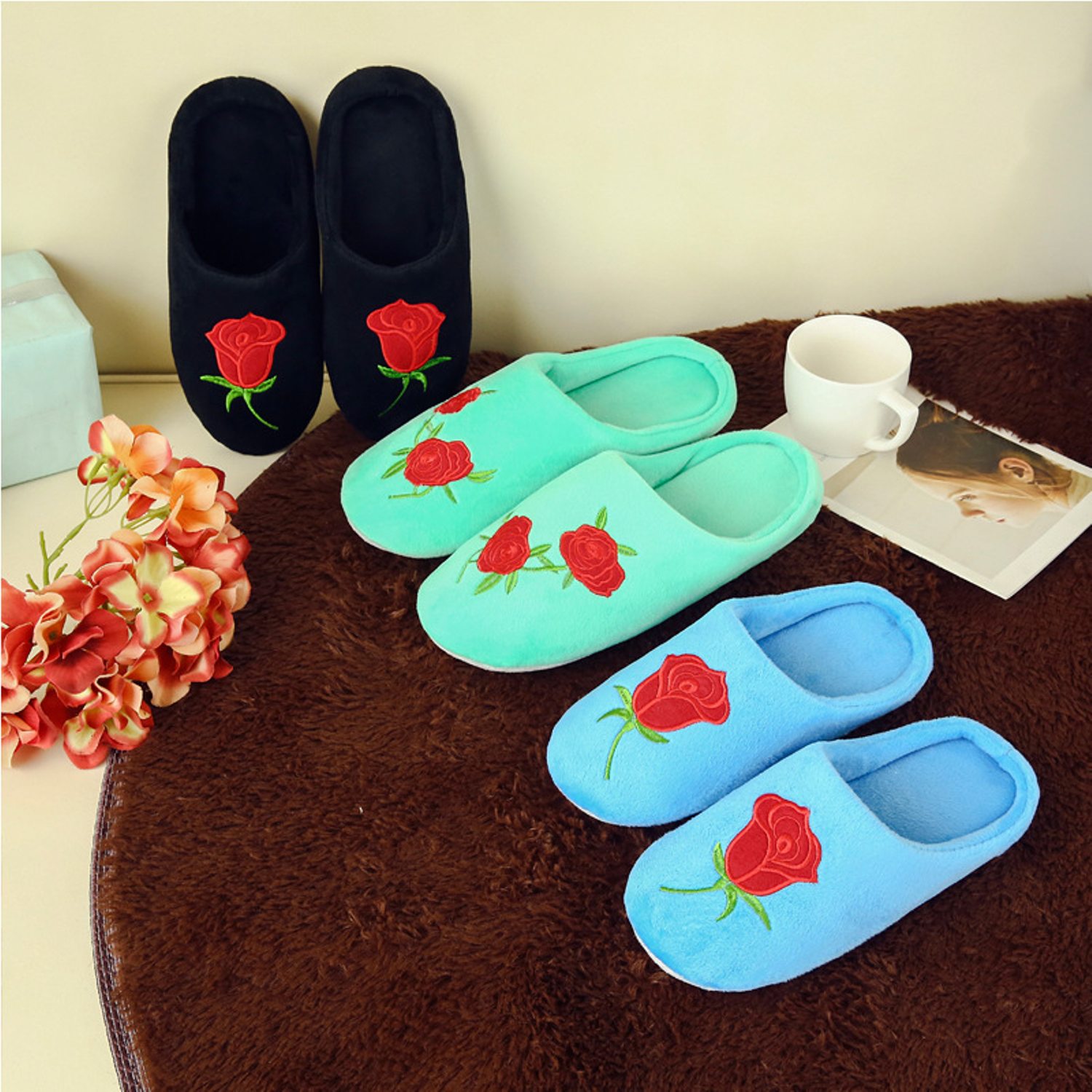 Plush Embroidered Home Slippers