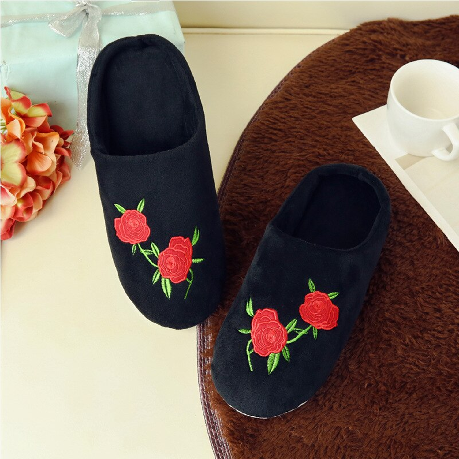 Plush Embroidered Home Slippers