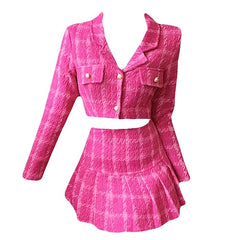 Conjunto de chaqueta y falda de tweed rosa Y2K