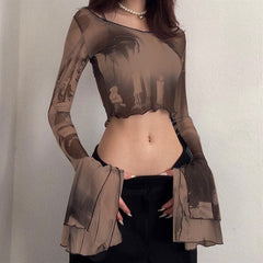 Futuristisches Mesh-Top mit ausgestellten Ärmeln
