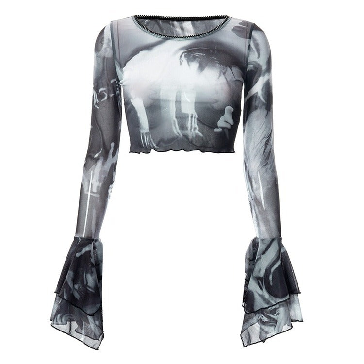 Futuristisches Mesh-Top mit ausgestellten Ärmeln