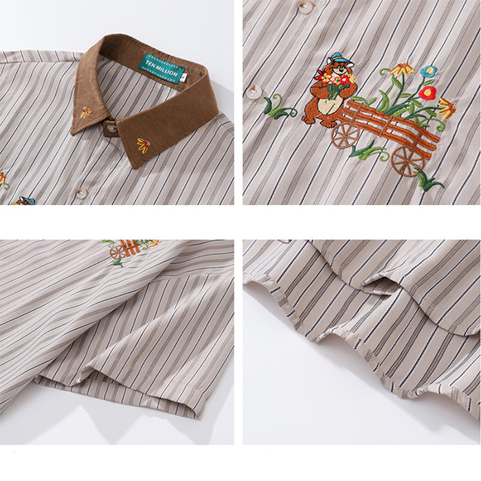 Bear Embroidery Striped Shirt