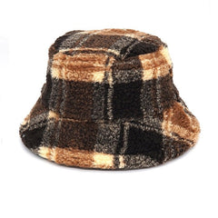 Brown Plaid Fuzzy Bucket Hat