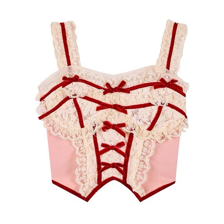 Top de corsé de encaje coquette blanco y rojo