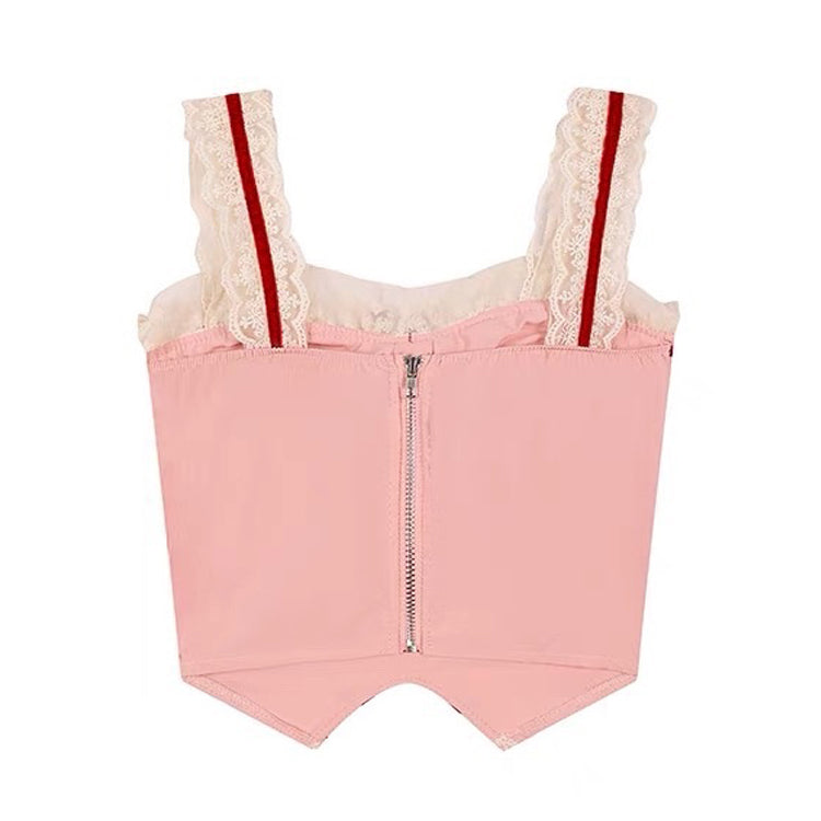 Top de corsé de encaje coquette blanco y rojo