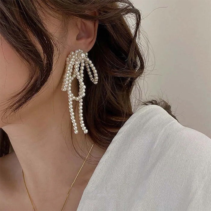 Coquette Bow Pearl Tassel Earrings