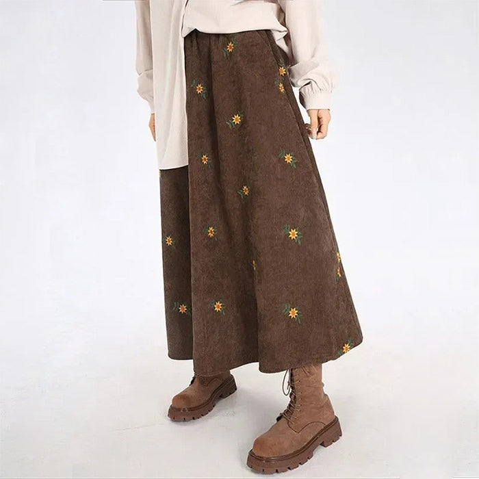 Floral Embroidery Corduroy Skirt