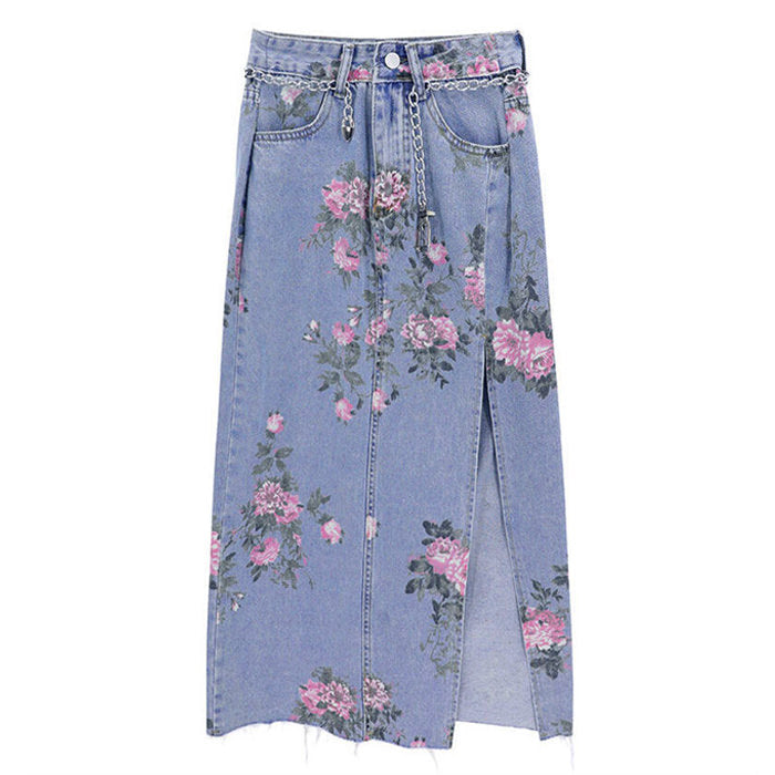 Langer Jeansrock mit Blumenmuster im Cottage-Stil