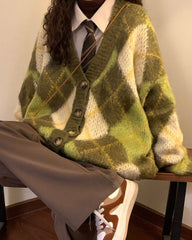 Warm Vibes Green Argyle Cardigan Sweater