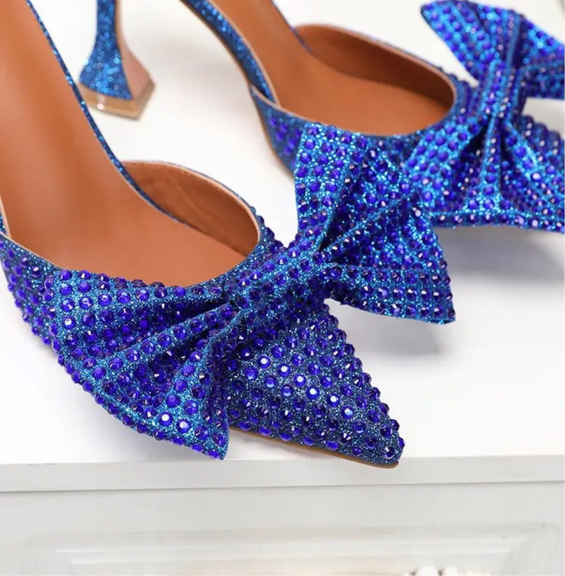 POINTED TOE BOW HIGH HEELS PUMPS - Blue