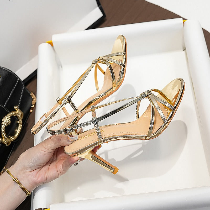 Gold High Heel Strappy Sandals