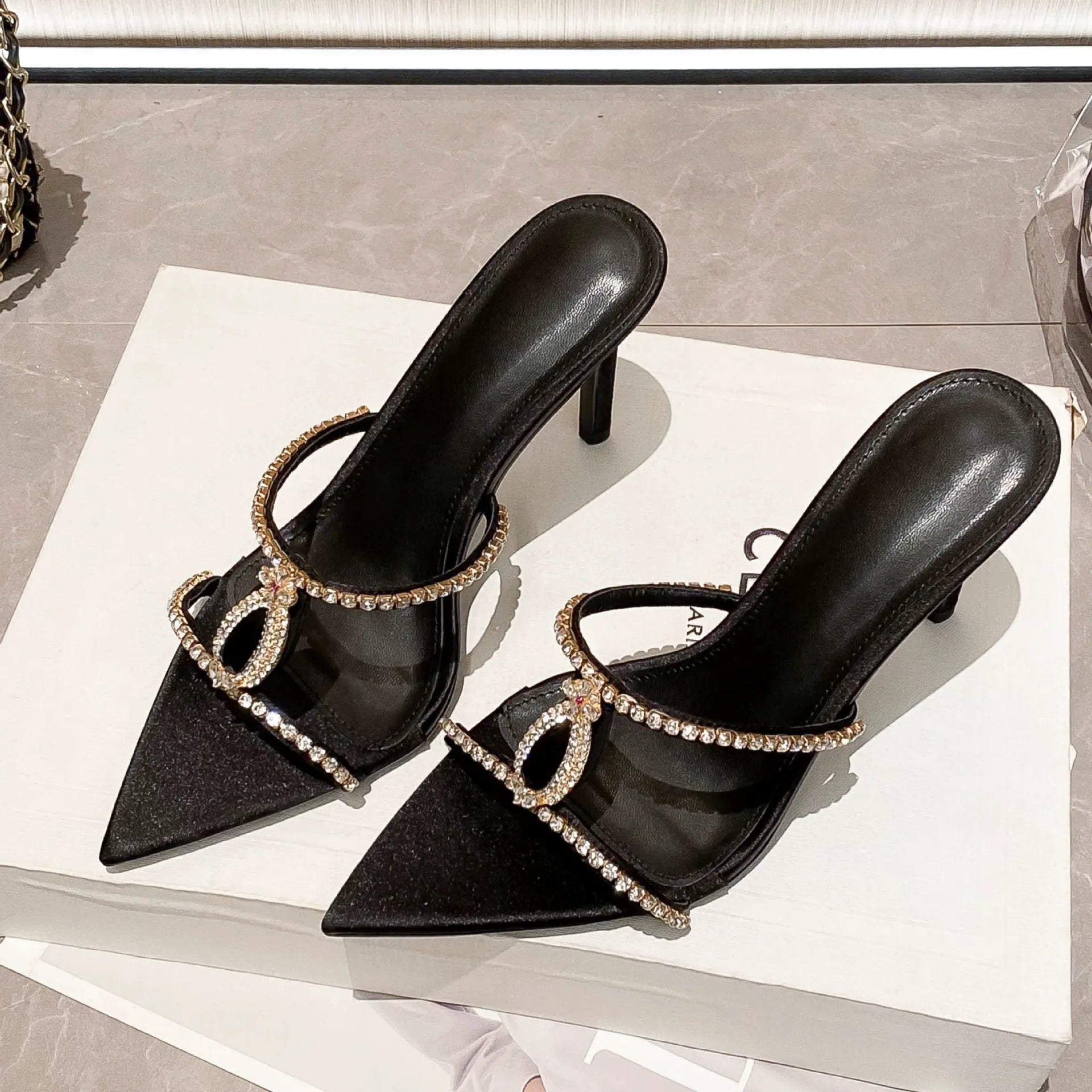 Pointed-Toe Rhinestone Sandals