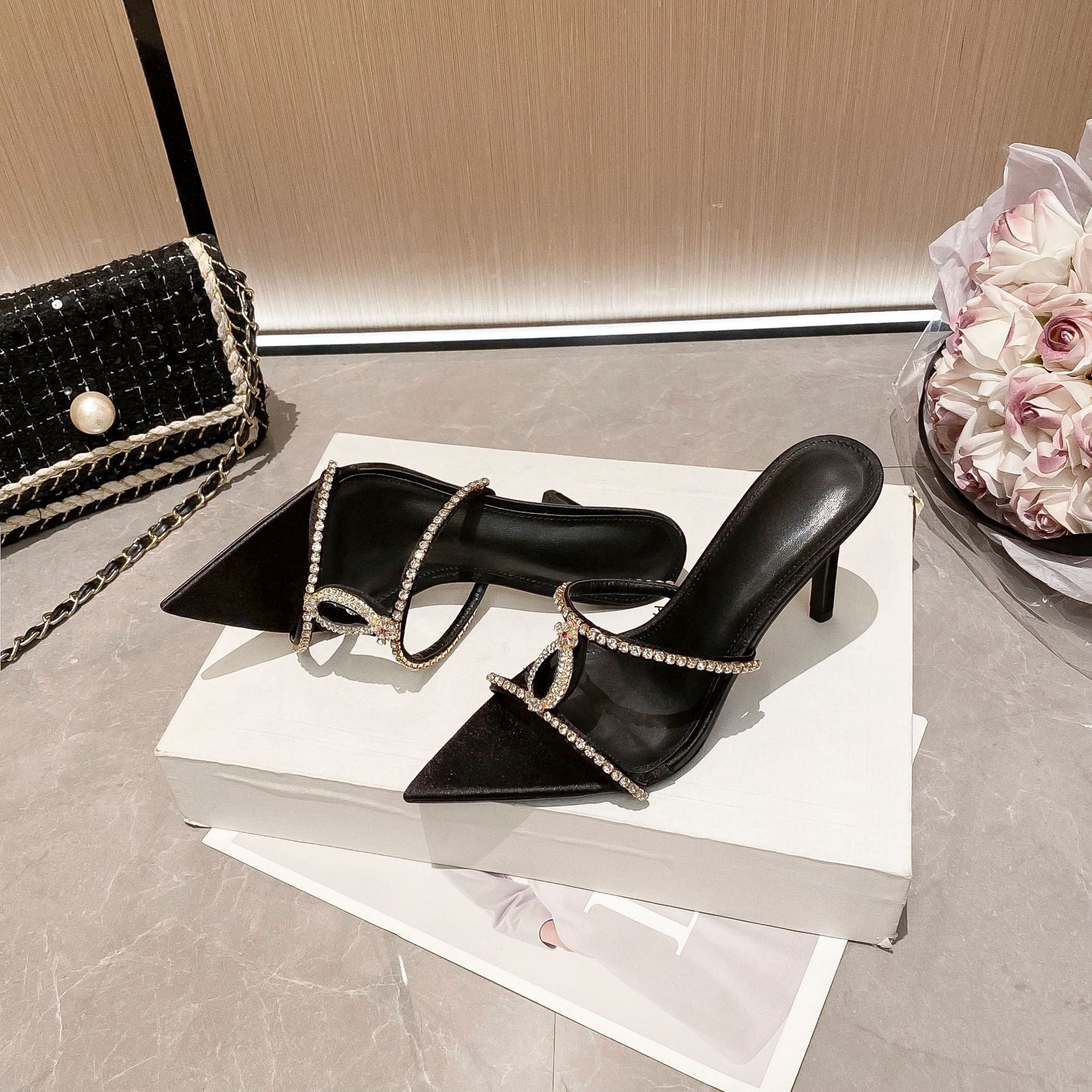 Pointed-Toe Rhinestone Sandals