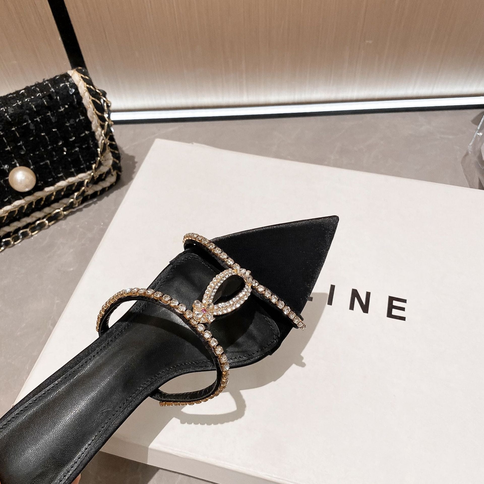 Pointed-Toe Rhinestone Sandals