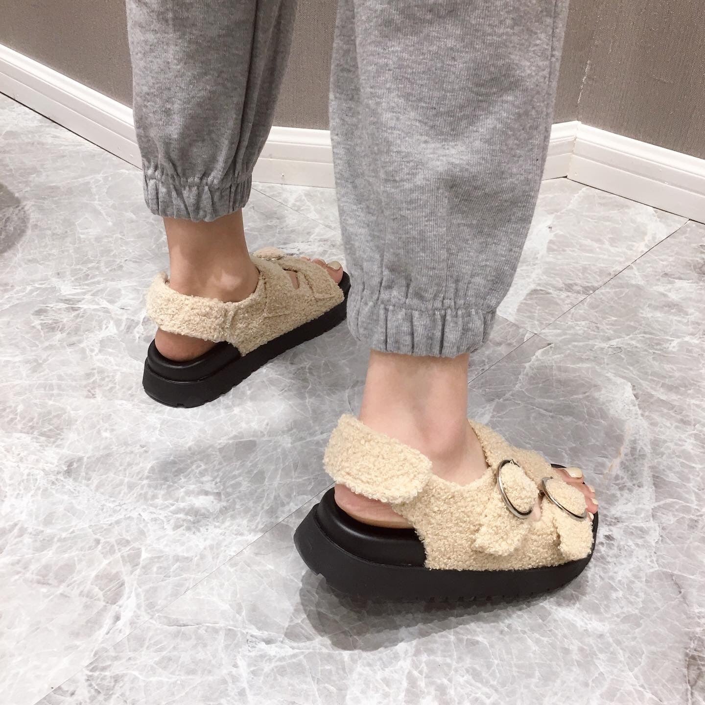 Fur Casual Heels Low-Heeled Gladiator Flat Sandals