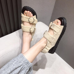 Fur Casual Heels Low-Heeled Gladiator Flat Sandals