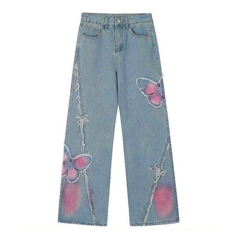 Vaqueros anchos con mariposa rosa