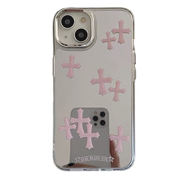 Funda para iPhone con espejo y cruz rosa