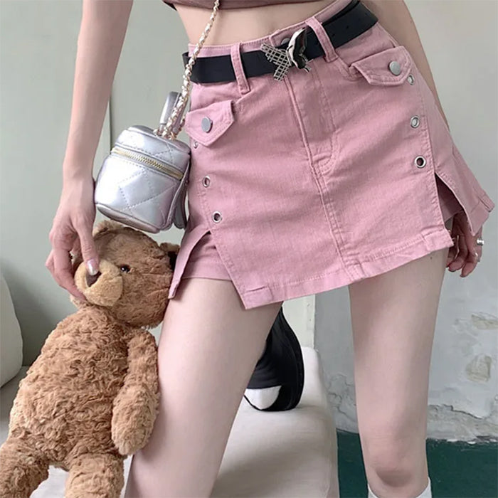 Falda pantalón vaquera rosa con cinturón de mariposa