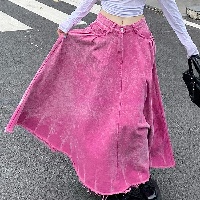 Pink Distressed Denim Maxi Skirt