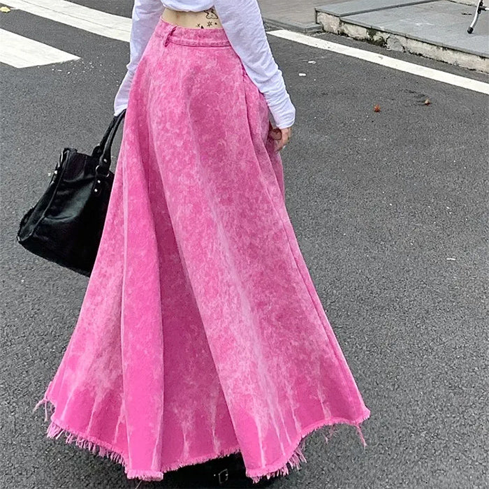 Pink Distressed Denim Maxi Skirt