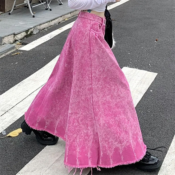 Falda larga vaquera desgastada rosa