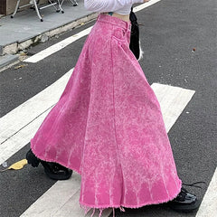 Pink Distressed Denim Maxi Skirt