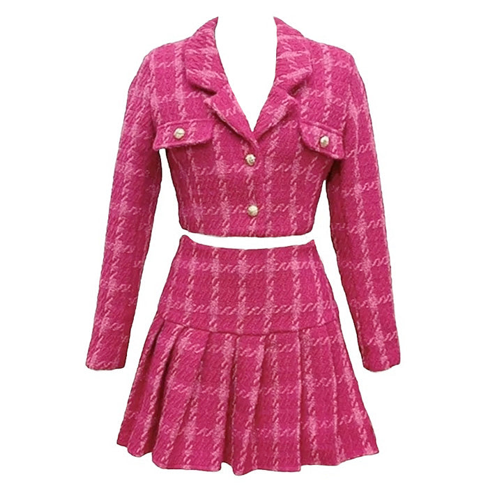 Conjunto de chaqueta y falda de tweed rosa Y2K