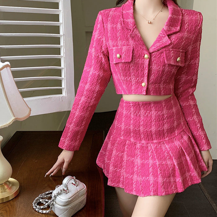 Conjunto de chaqueta y falda de tweed rosa Y2K