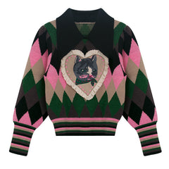 Preppy Cat Pullover mit Argyle-Kragen