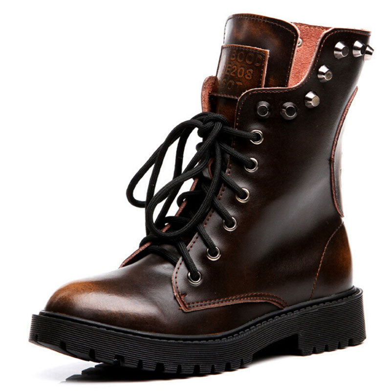 Genuine Leather Lace-Up Platform Boots