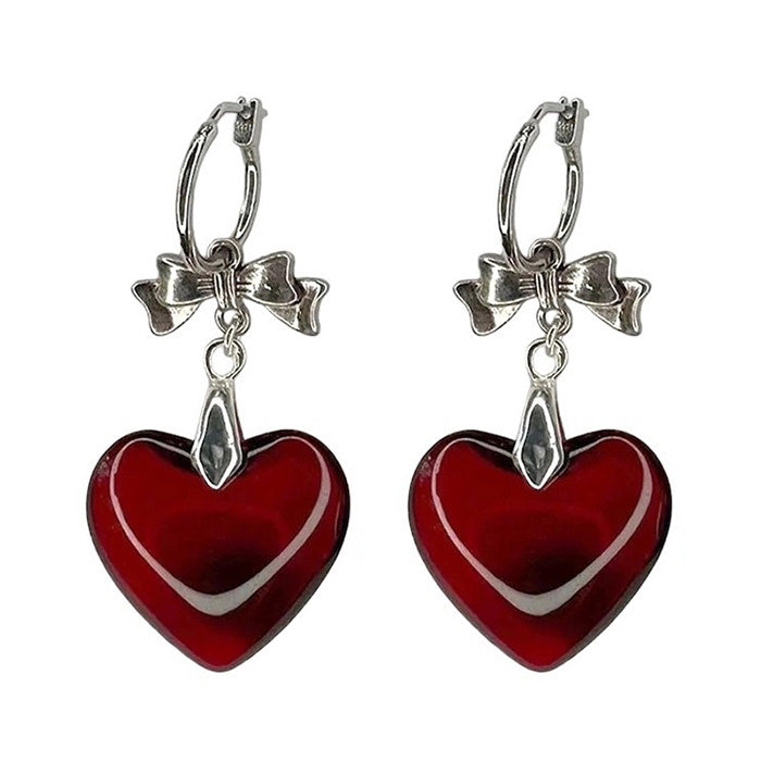 Red Stone Heart Bow Earrings