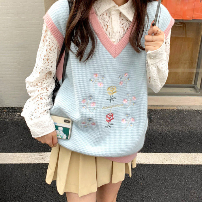 Rose Embroidery Knit Vest