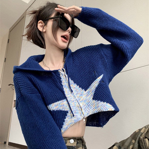 Sudadera con capucha de punto con cremallera y estrellas