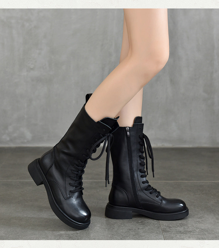 British Style Leather Velvet Strappy Mid-Heeled Long Boots