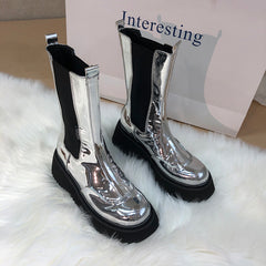 Retro Round Toe Platform Silver Martin Boots