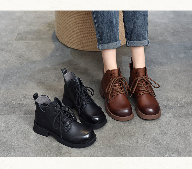 Vintage Leather Lace-Up Mid-Heel Boots